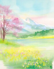 Fototapeta premium Spring watercolor landscape painting