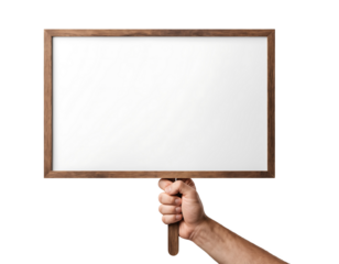 A male hand holds a blank wooden protest banner against a white background, The banner is clean, smooth, ready for text or design, The image is a PNG cutout with isolated white transparent background