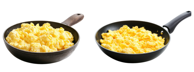 Delicious scrambled eggs for breakfast on the pan. side view. transparent background
