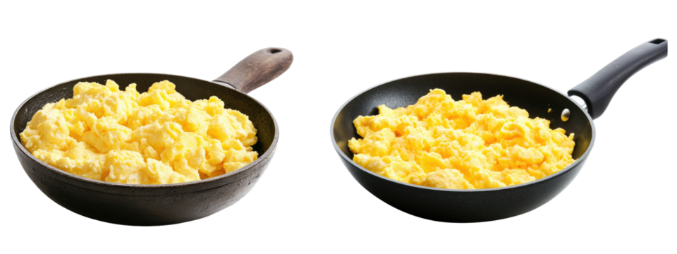 Delicious scrambled eggs for breakfast on the pan. side view. transparent background