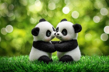 Obraz premium Two adorable panda cubs embrace on a grassy surface, set against a blurred green background, evoking a sense of love and playfulness.
