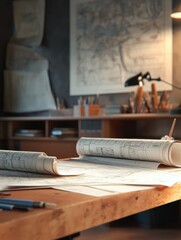 Rolled Up Architectural Blueprints On A Desk