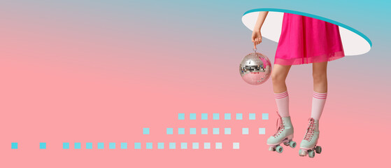 Beautiful young woman in vintage roller skates with disco ball on pink background, closeup