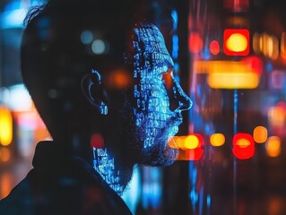 Profile of a man with digital code overlay and urban neon lights.