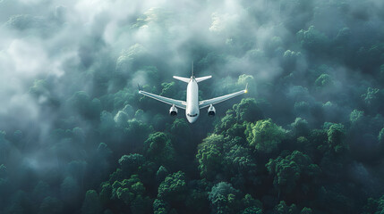 Fototapeta premium An environmental sustainable biofuel concept of a white airplane flying over green trees, creating an aerial view of the aircraft and its engines against a backdrop of a dark misty, foggy rainforest