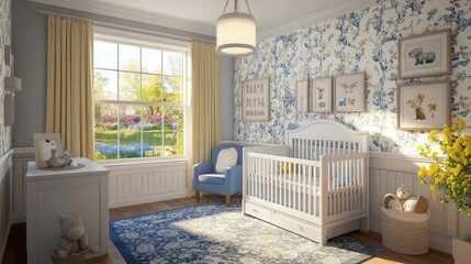 Cozy and Bright Nursery with Floral Wallpaper
