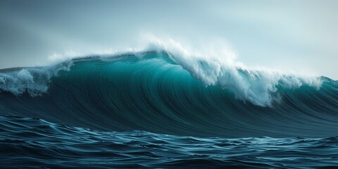 A powerful wave crashes against the ocean, creating a stunning display of blue hues.