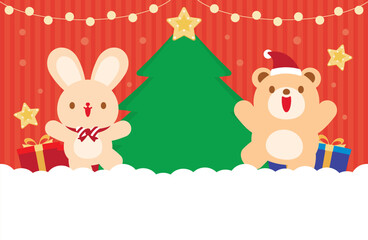cute flat style cartoon rabbit and bear wear christmas costume with pine tree and gift boxes on snow floor and red background illustration vector in kawaii christmas day theme