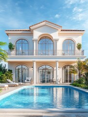 Fototapeta premium The modern facade of a luxury villa with a large swimming pool. Luxury MODERN property.