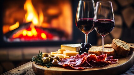 A cozy environment in the winter. With a fire in the fireplace in the background, there is red wine and a snack tray on a wooden board with cheese, bread, prosciutto, and olives.
