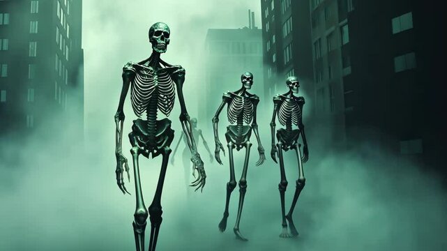 Skeletons Walking in a Foggy City