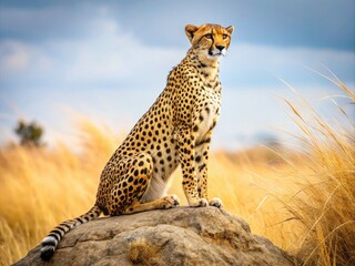 Obraz premium Cheetah on Rock in Dry Grass Landscape - Majestic Wildlife Photography of a Cheetah in Natural Habitat, Ideal for Nature Lovers and Wildlife Enthusiasts, Perfect for Educational Use