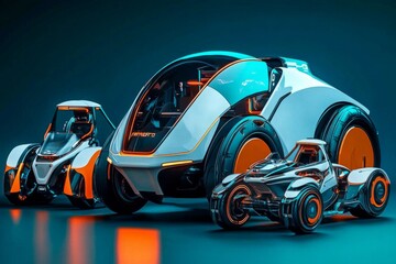 Futuristic Set of Transport Vehicles - Hovercars and Electric Bikes Isolated on Solid Background