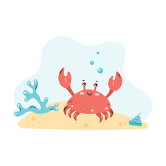 Cute crab swims in the sea underwater. Poster with crab on white background. Character in children's style. Vector illustration.