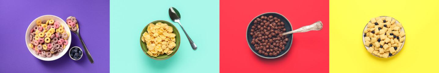 Fototapeta premium Collage of bowls of cereal breakfast on color backgrounds, top view