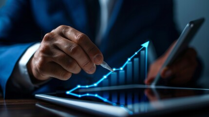 A businessman is analyzing data on a digital tablet using a growth chart. The image shows a professional utilizing technology to perform financial analysis and strategize for business success