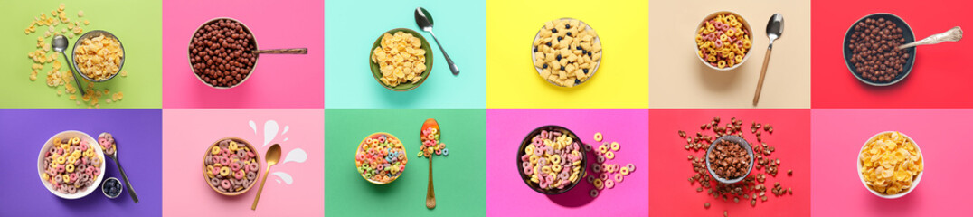Group of bowls of cereal breakfast on color backgrounds, top view