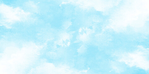 Grunge tint light blue watercolor abstract background, Aquarelle paint paper textured, blue sky with clouds, Sky Nature Landscape Background, sky background with white fluffy clouds.	