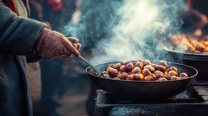 Fototapeta premium Warm Chestnuts from Street Vendor in Soft Light