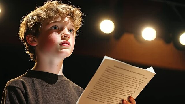 Young Actor Rehearsing on Stage with Script in Dramatic Lighting
