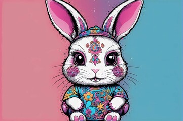 A cute rabbit with pink and blue flowers surrounding it