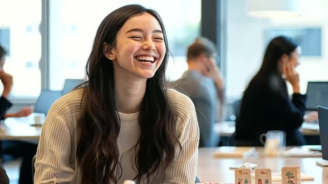 Young Employee Laughing in Bright Office During Team Building Activities