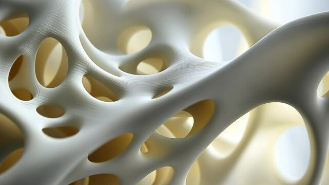 A close-up view of a 3D printed object, showcasing intricate details and a porous structure