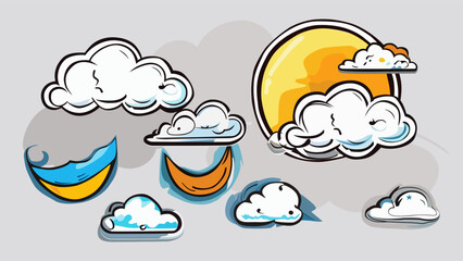Set collection of cartoon set of weather elements Neo-Expressionism style on white background.  Vector Illustration