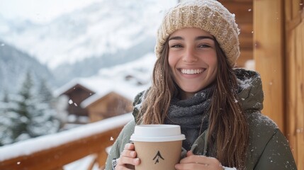 Cheerful young woman savoring a warm drink inside a cozy snowy mountain chalet retreat