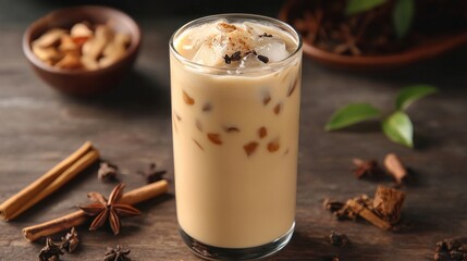 Indian tea drink, iced chai latte with warm winter spices and milk foam on top
