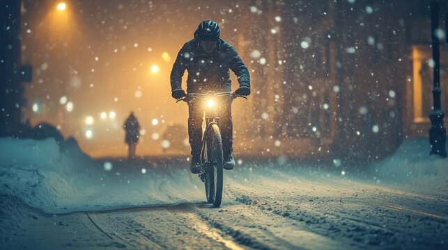 Cyclist navigates a snowy urban landscape at night, illuminated by bicycle headlight in a snowfall