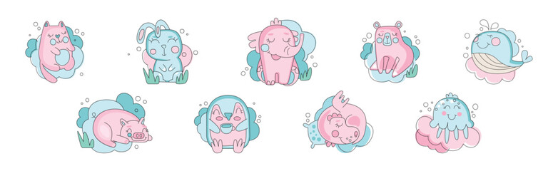 Cute Pink Sleepy Animals Have Bedtime Vector Set