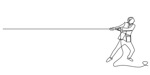 continuous line drawing of business man pulling rope.one line drawing of marketing worker challenge attracting customers.single line vector illustration.isolated white background