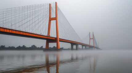 Obraz premium close-up of a large suspension bridge partially obscured by fog. slender towers and sweeping cables extending to the deck. 