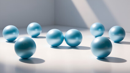 bright, light blue spheres of equal size, each with a slight sheen, arranged in a perfect formation against a clean, soft and calm light background.