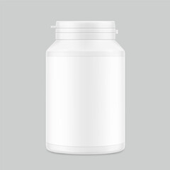 White plastic bottle container with snap-hinge cap. Vector illustration isolated on grey background. Front view. Mockup perfect show your product with tamper evident push-on hinged cap. EPS10.