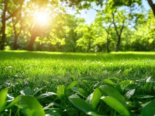 Fototapeta premium Sunlit grass and trees in a vibrant green park.