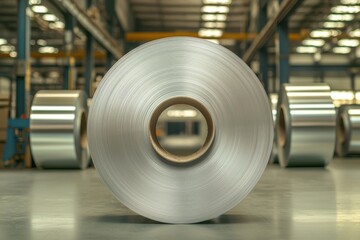 Fototapeta premium A large roll of aluminum material in a factory setting, showcasing industrial production.