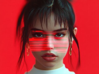 Woman with glitch effect and bold red background, artistic portrait.