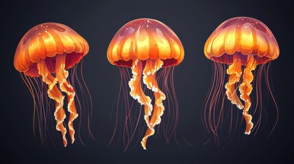 A vibrant illustration of three jellyfish, showcasing their graceful forms and flowing tentacles against a dark background.