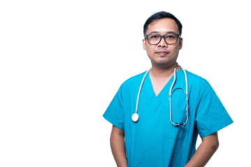 A man in a blue scrubs shirt is wearing a stethoscope. transparent background png