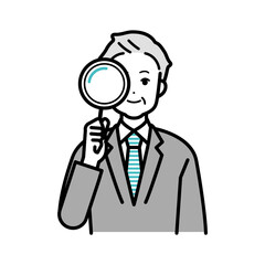Illustration of a businessperson male holding a magnifying glass.
