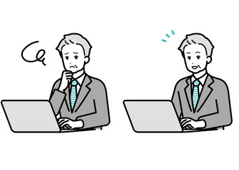 Illustration set of male businessperson operating a computer.
