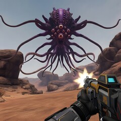 Alien Creature in Desert Setting for FPS Game Scene