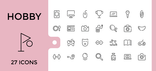 Hobby thin line icon set. Includes thin line attraction, activity, trip, bikini, signs and more. Outline icon collections. Vector outline icons Collection.