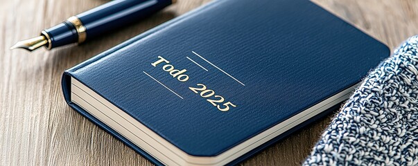 A stylish blue planner for 2025 rests on a wooden surface next to a pen and a knitted item, perfect for organizing thoughts and plans.