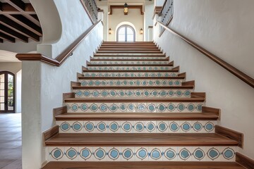 Stairs with wooden steps and sky blue, ivory tiles inside a timeless Spanish manor.