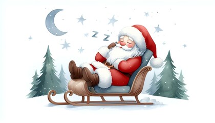 Santa Claus sleeping in his sleigh, watercolor illustration