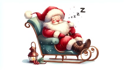 Santa Claus sleeping in his sleigh, watercolor illustration