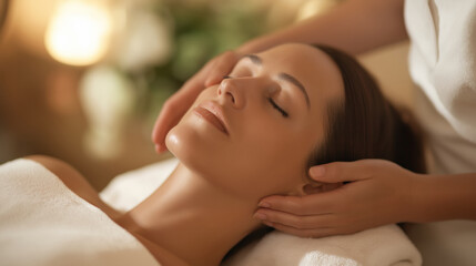 Obraz premium Relaxing facial treatment in a serene spa with soft lighting and soothing ambiance during a tranquil afternoon session.
